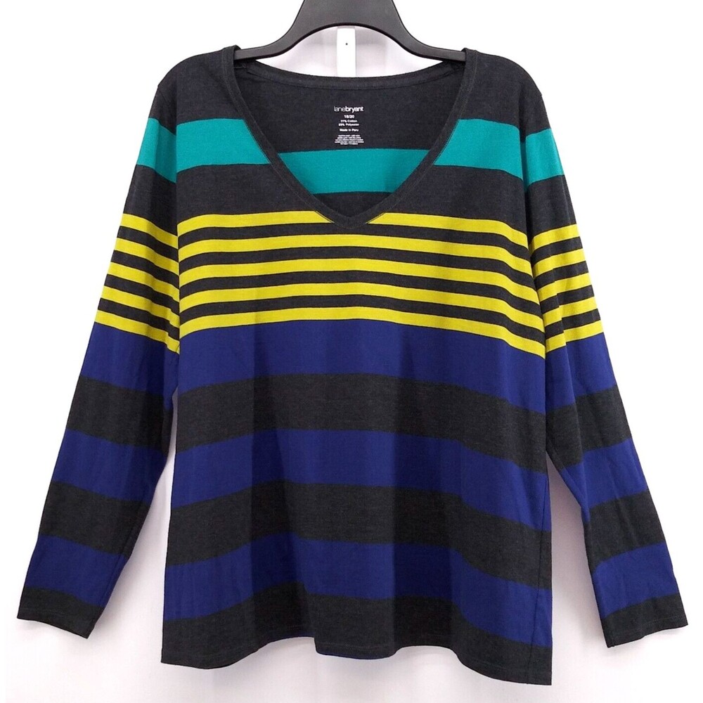 Lane Bryant Shirt Womens Plus 18/20 Gray Striped Long Sleeve V-Neck Blouse